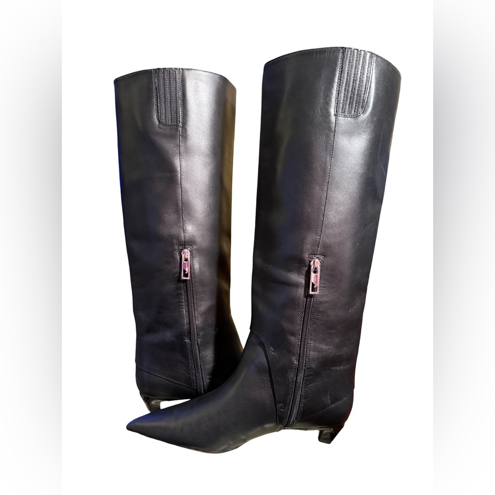 Franco Sarto NWT Sz 7.5M Elegant Black Leather Knee-High Kitten Heel Boots SH250 - Picture 3 of 11